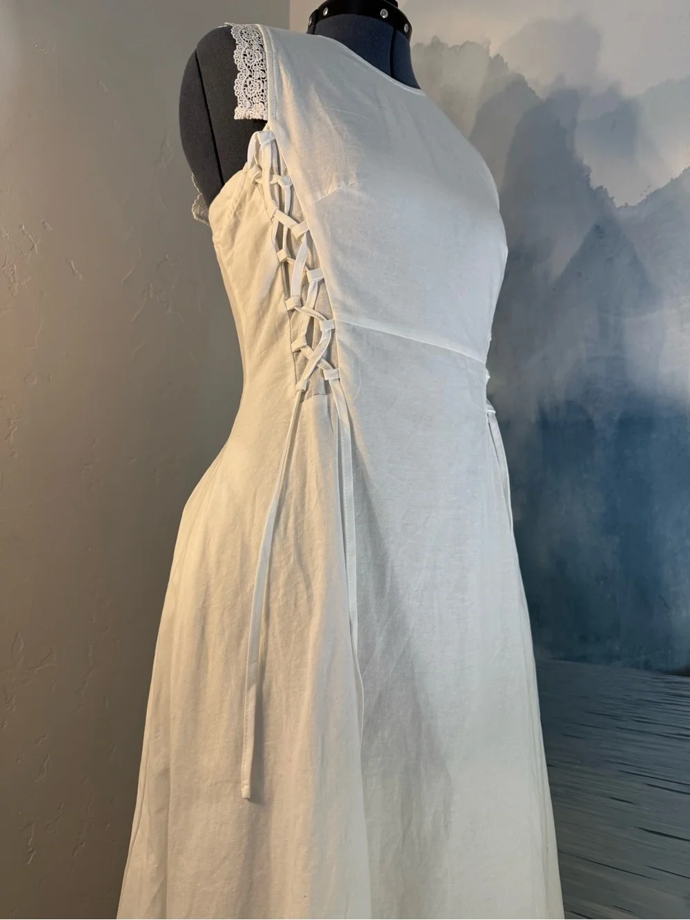 Sleeveless White Midi Dress with Lace-Trim Details #177